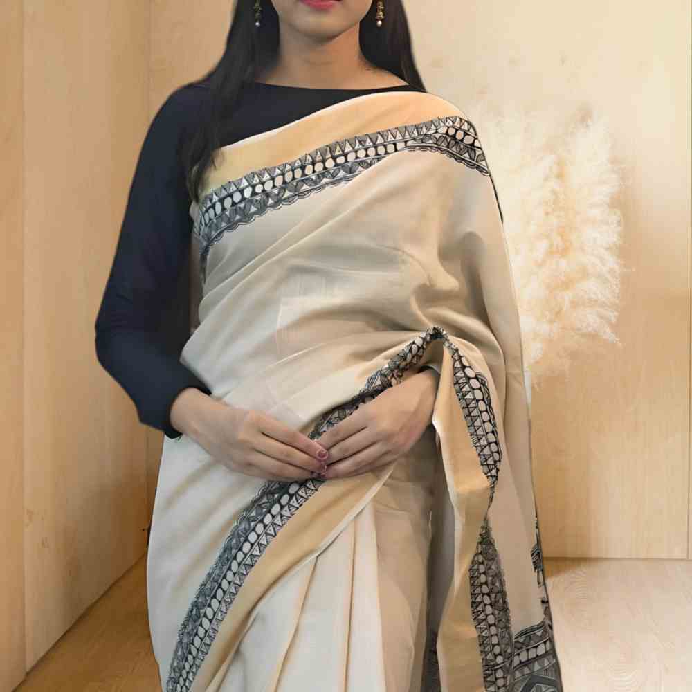 Black Minimal Madhubani Handpainting Saree